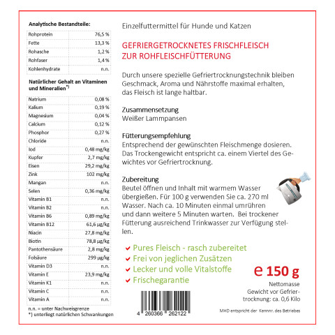 Hund Katze B.A.R.F. Hundefutter Easy Barf Lammpansen 150g 1 Stück -3- Anifit